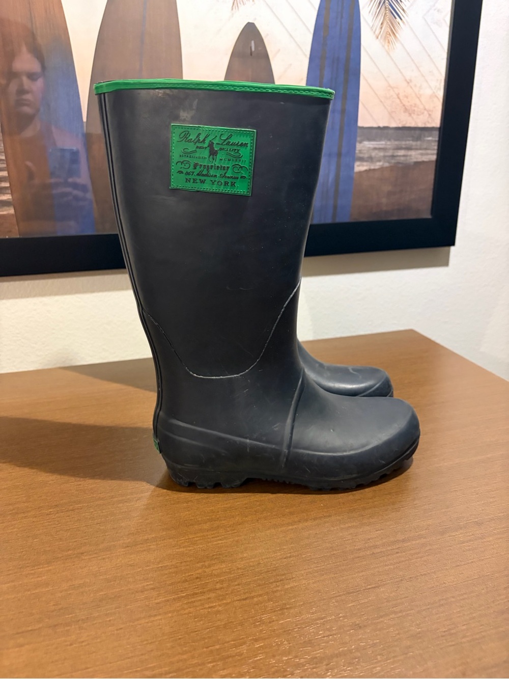 Ralph Lauren Navy Blue Kids Rain Boots with Green Trim
